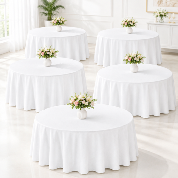 6 90 Inch Round White Polyester Tablecloth Bulk Washable Table Covers