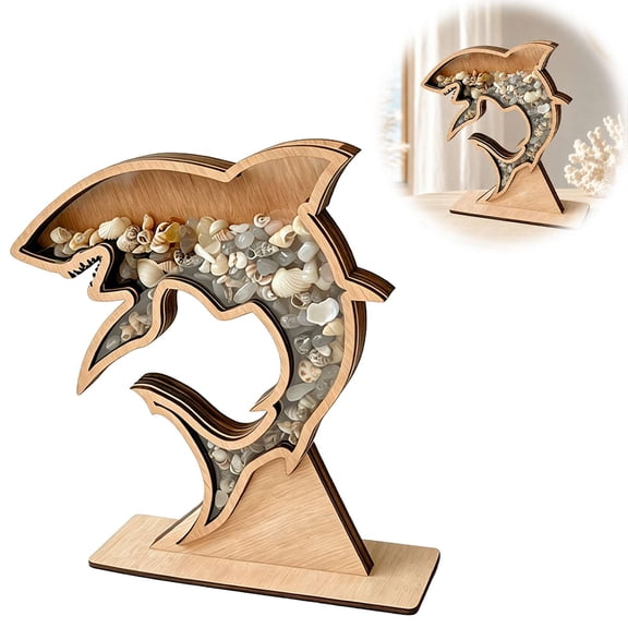 6.97" Shark-Shaped Seashell Display Case, Wooden Shell Storage Holder with Clear Acrylic Window, Tabletop Beach Decor for Coastal Keepsakes 1pcs