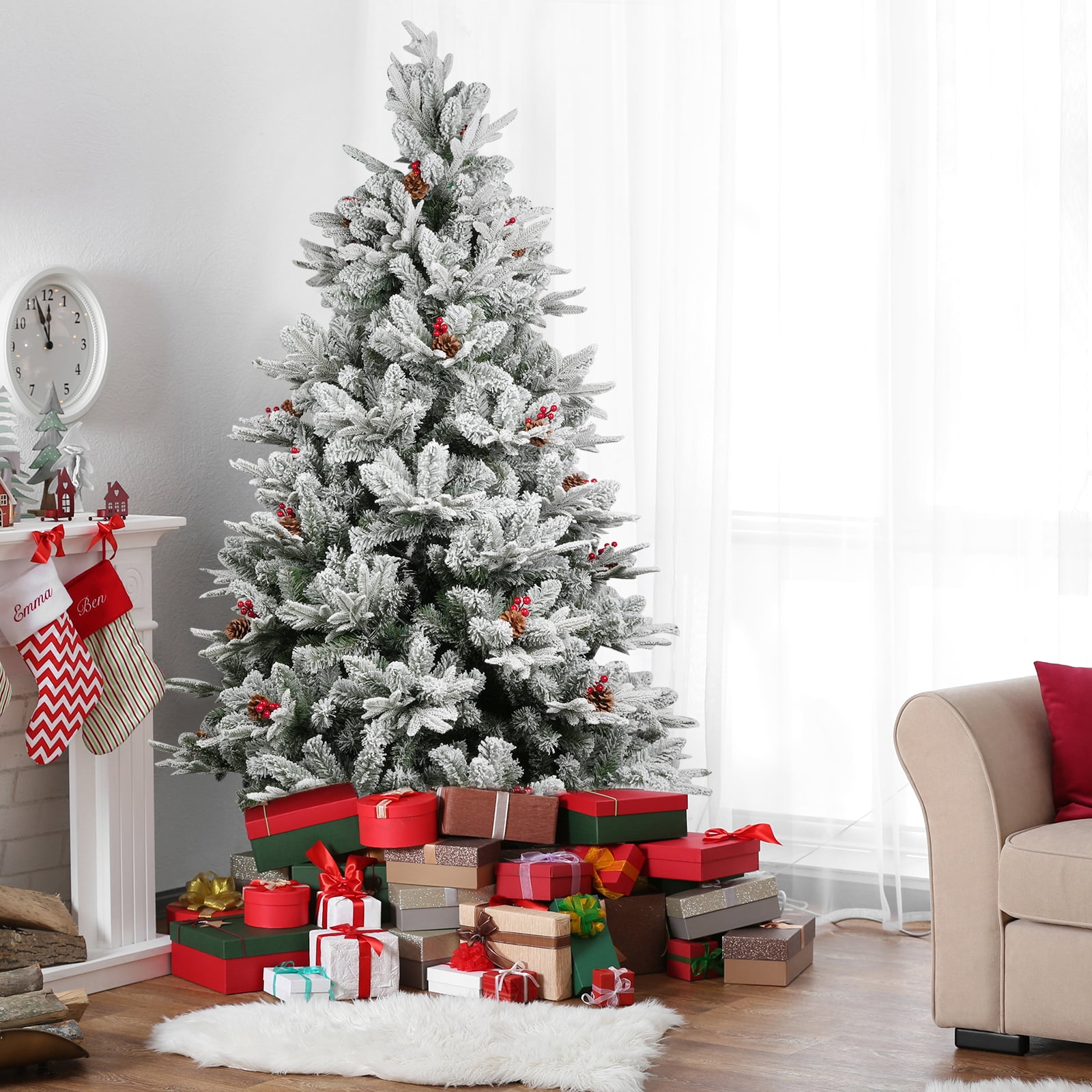 6.9FT Artificial Christmas Tree, Hinged Snow Flocked Xmas Tree w/ Pine