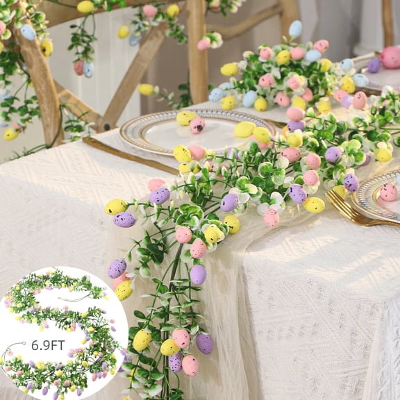 6.9FT Easter Garland with Artificial Easter Egg and Mixed Flowers,Easter Decorations Spring Vine for Home Table Tree Arch Door Decoration