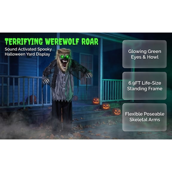 6.9ft Standing Werewolf Halloween Animatronic, Sound Activated Green LED Eyes & Howling Sound, Haunted House Yard Decor