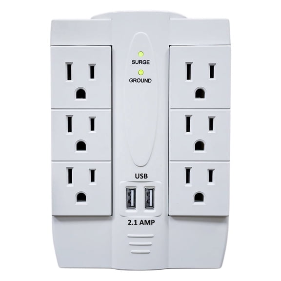 6 AC Outlet Power Surge Protector with 2 Ports USB Wall Charger 2.1Amp - White