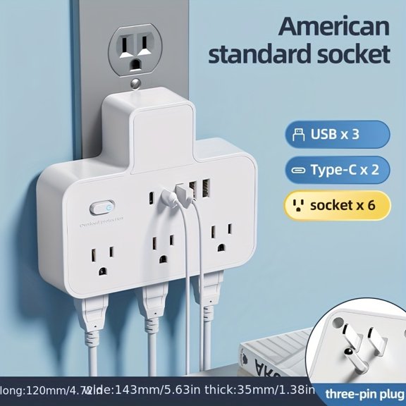 6 AC Outlets, 3 USB, 2 Type-C Power Strip w/Clock, Surge Protection, On/Off Switch for Home, Dorm, Office, Travel