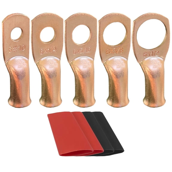 6 AWG-3/8" Ring (M10) 6 pk Battery Lugs, Copper Lugs, Battery Cable Ends, Tubular Ring Terminals, Crimp Wire Ring Lugs, Battery Terminal Connectors with Heat Shrink Tubing