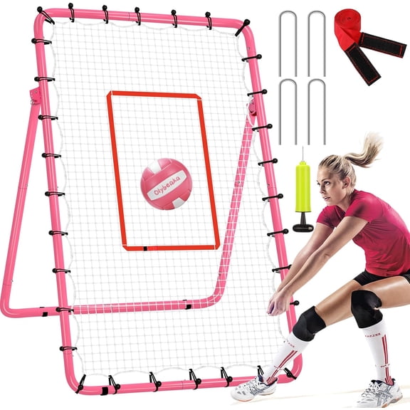 6 Adjustable AnglesVolleyball Rebounder Net 7x4 FT Bounce Back Trainer | Practice setting, Passing, Bumping and Spiking without a Partner, Includes PU volleyball, Pump, Target Frame and 4 Stakes