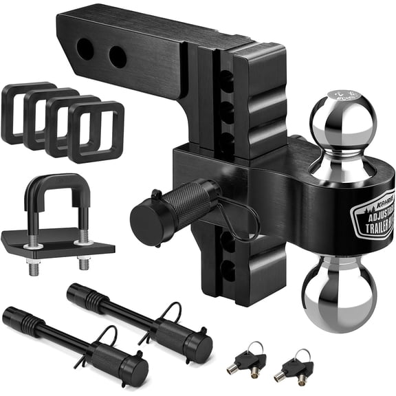 6" Adjustable Trailer Hitch Fit 2 Inch Receiver, Dual Solid Ball 2" and 2-5/16"(12,500 LBS GTW), Drop & Rise Heavy Duty Tow Hitch with 4 Silencer Pads & 2 Locking Hitch Pin, Black