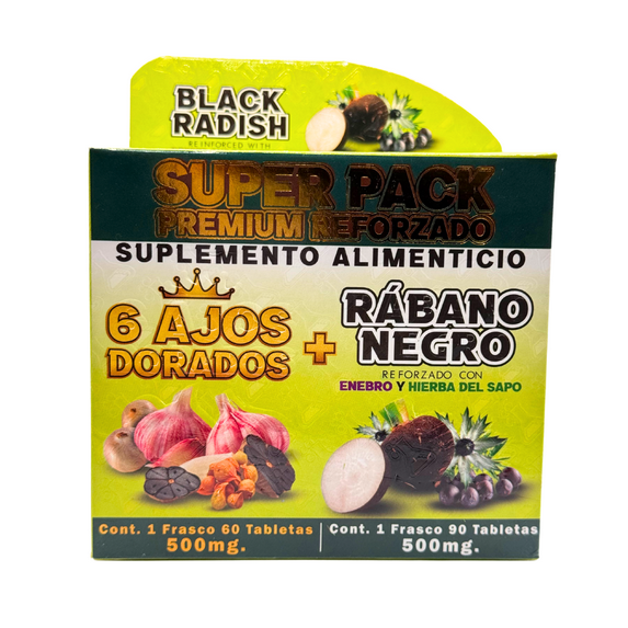 6 Ajos Dorados + Black Radish & Golden Garlic Super Pack Dietary Supplement – 2 Bottles (60 + 90 Tablets)