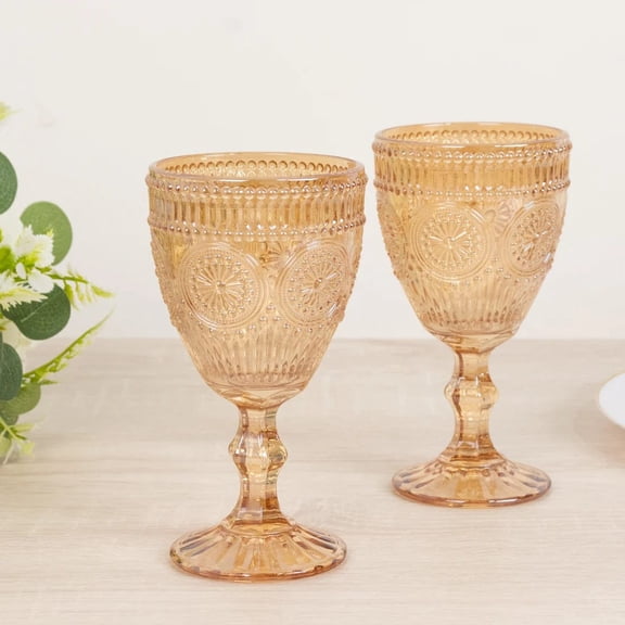 6 Amber Gold 11 oz Goblets Vintage Wine Glasses Embossed Floral Pattern Wedding Party