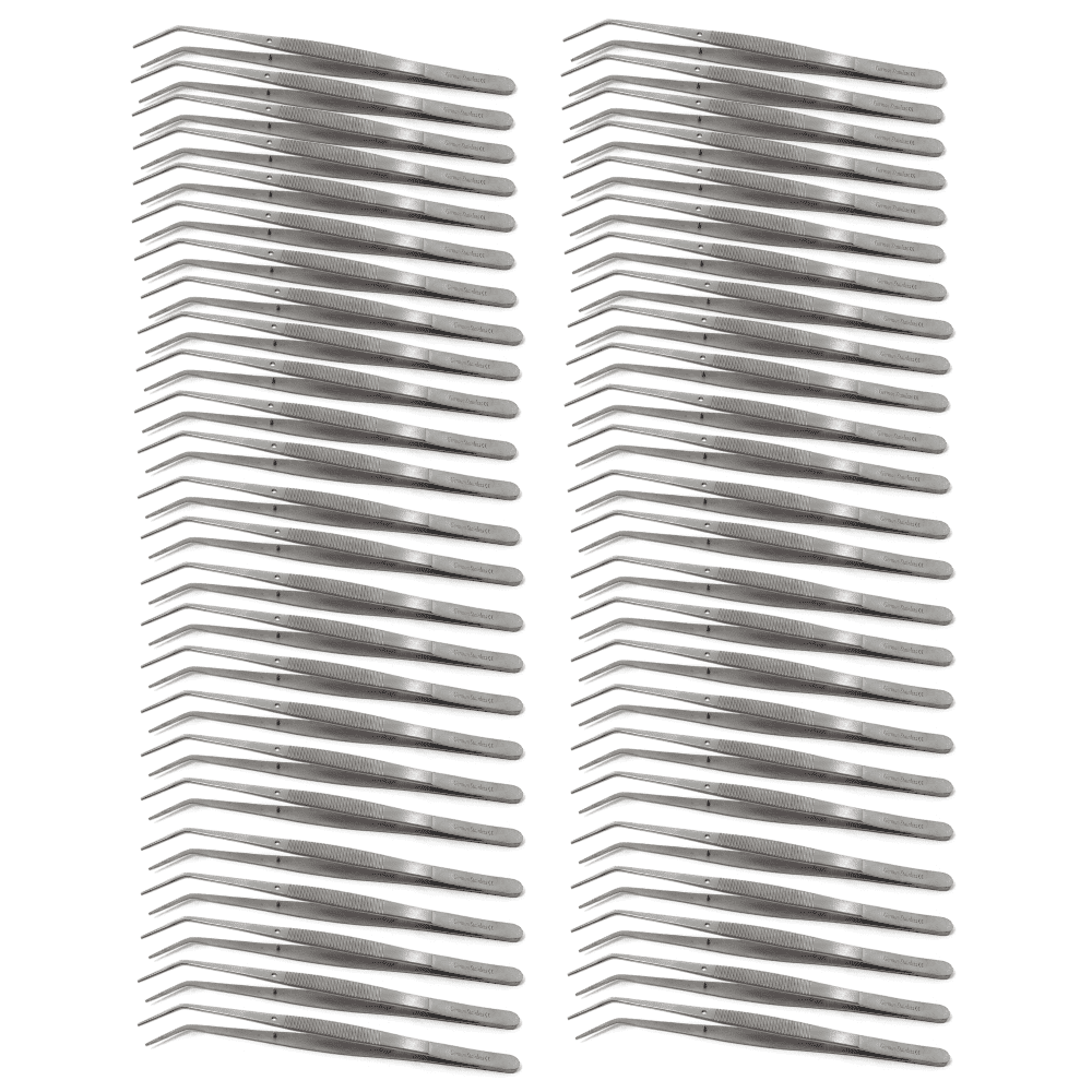 6" Angled Tweezers Stainless Steel Precision Grip Tool for Craft, Electronics, Jewelry & Multipurpose Use - 50PCS