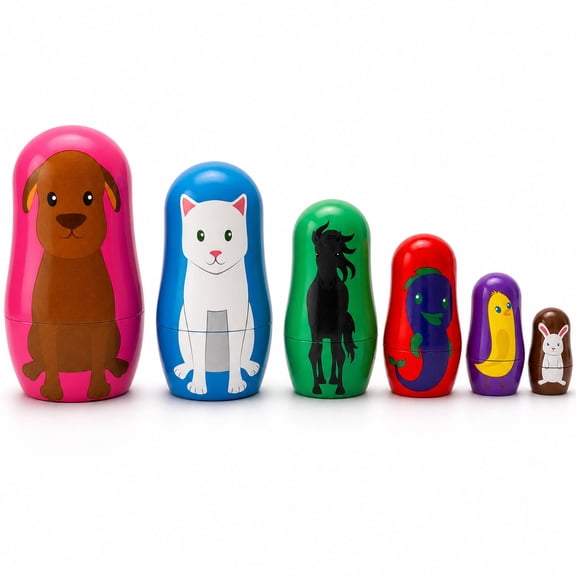 6 Animals: Dog, Cat, Horse, Fish, Chick, Bunny Plastic Nesting Dolls
