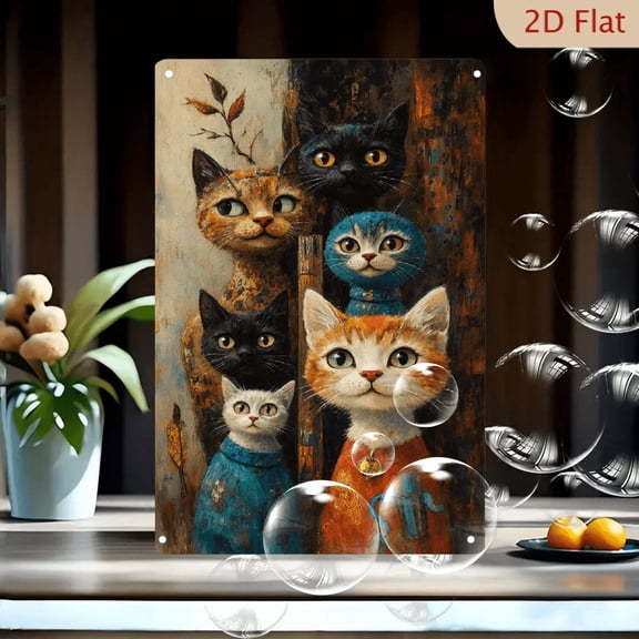 6 Anthropomorphic Cats Vintage Oil Painting Art, 8x12 Inches Metal Wall Decor, Group Portrait of Colorful Felines with Expressive Eyes and Rustic Wood Background for Home Living Room Office