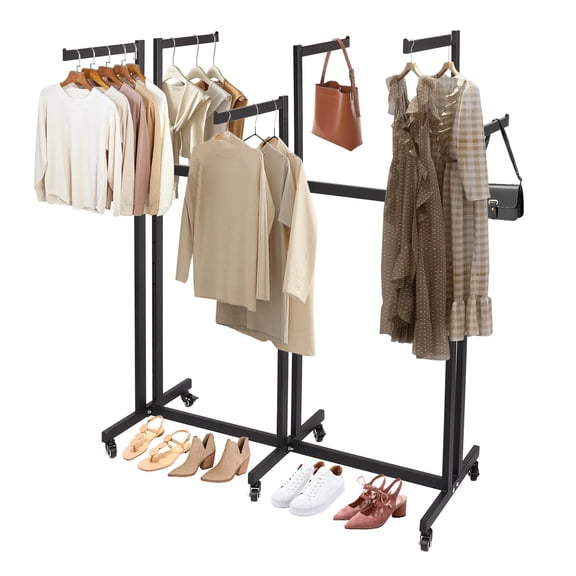 6-Arm Rolling Garment Display Rack, Black Iron Adjustable Height Clothing Retail Rack for Boutique Bedroom