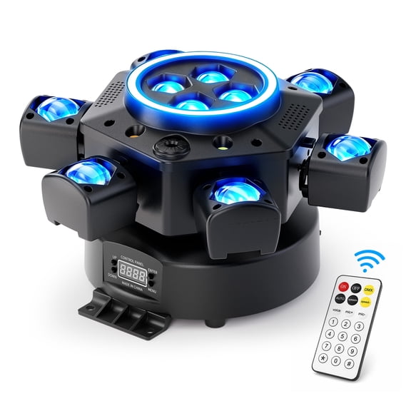 6-Arm Rotating Moving Head Light 150W RGBW Multi-Effect Fixture with 5-in-1 Light Effects(Bee Eye,6-Beam,Starlight,Dual Strobe,LED Strip), DMX512/Auto Control for Bars,DJs,Parties & Stage Shows