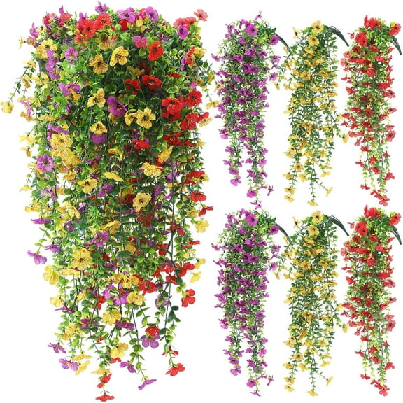 6 Artificial Hanging Flowers, Outdoor Artificial Plants, Spring Decorations, Artificial Silk, Carnations, Violets, Eucalyptus Trees, Climbing Vines, Porch, Courtyard, Indoor Wedding (Red)