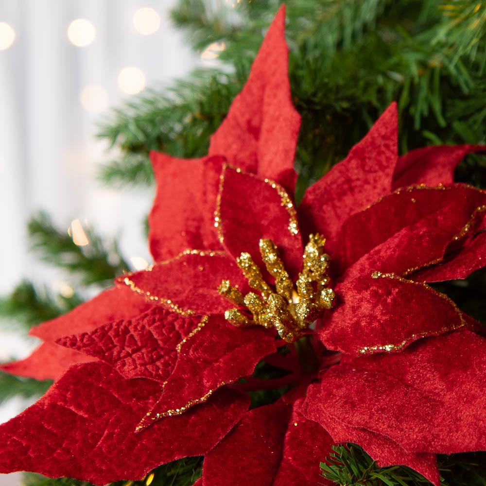 6 Artificial Rich Red Velvet Poinsettia Blooms for Christmas Holiday