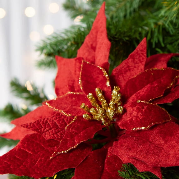 6 Artificial Rich Red Velvet Poinsettia Blooms for Christmas Holiday Dcor