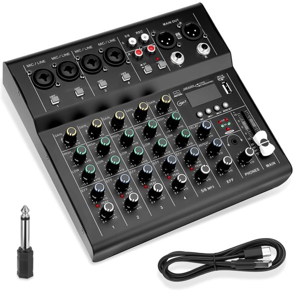 6- Audio Mixer for Beginners, Easy Setup DJ Mixer with , USB/MP3 Sound Card, DSP Effects & 48V Phantom Power, Compact Mixing Console for Karaoke, Podcast & Streaming