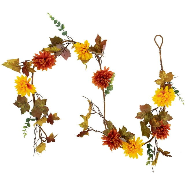 6' Autumn Harvest Red and Yellow Mixed Fall Leaf and Mum Flower Thanksgiving Garland - Unlit