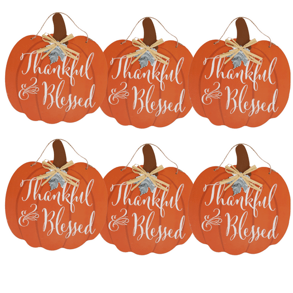 (6)Autumn Wooden Decorative Pumpkin with Raffia Thankful Blessed Hanging Decor for Home Door Wall Indoor & Outdoor Halloween Fall Thanksgiving Harvest Decoration 12x12in. &CUSTOM Storage Carrier