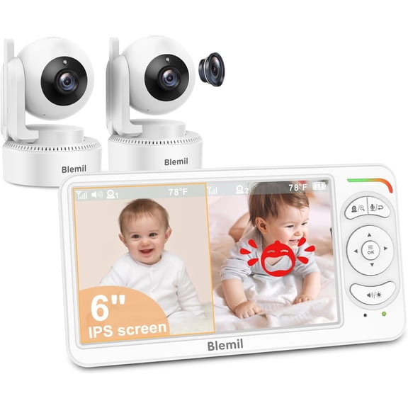 6" Baby Monitor with 2 Cameras 4000mAh Battery Upgrade Split Screen Video Baby Monitor No WiFi Remote Pan-Tilt-Zoom Auto-Night Vision 150 Languages ECO Mode 2-Way Talk 1000FT (Ideal Condition)