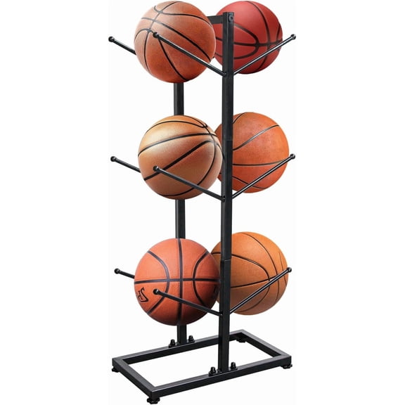 6-Ball Metal Ball Storage Rack, Basketball Holder for Indoor & Outdoor Use, 3 Layer Basketball Organizer, Double Side Metal Ball Rack Display Stand for Basketball, Football, Volleyball Storage