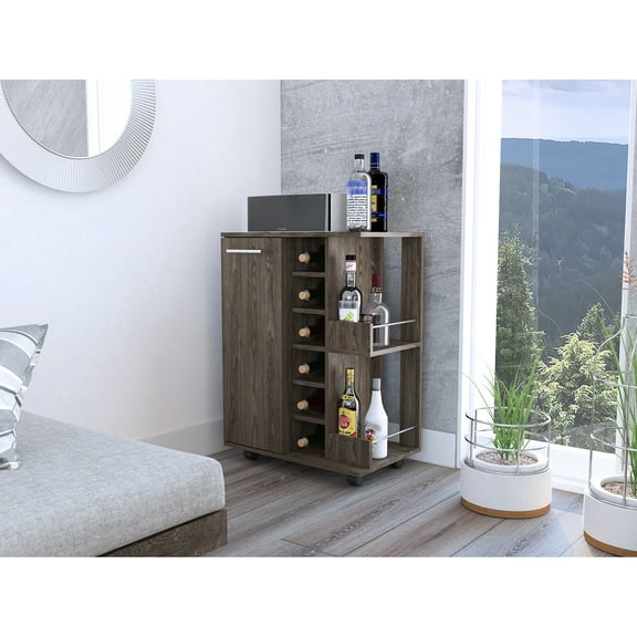 6 Bar Cart With 2 Shelves And Dark Walnut Appearance, Lockable , 1 Enclosed Cabinet For Toasters In Walnut, Shelves, Can Openers