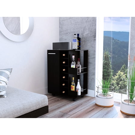 6 Bar Cart With 2-shelf Design, Black , Lockable Included In And Enclosed Storage Box