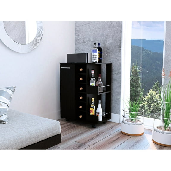 6 Bar Cart With 2-shelf Design, Black , Lockable Included In And Enclosed Storage Box