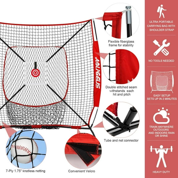 6'' Baseball Softball Practice Net with Strike Zone Target and Bow Frame - Red