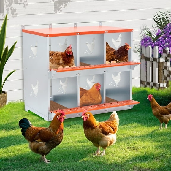 6-Bay Metal Nest Box Wall Mount for Hens, Galvanized Steel Chicken Nesting Box with Vented Design, Easy Egg Collection, Includes Coconut Fiber Pads, Orange