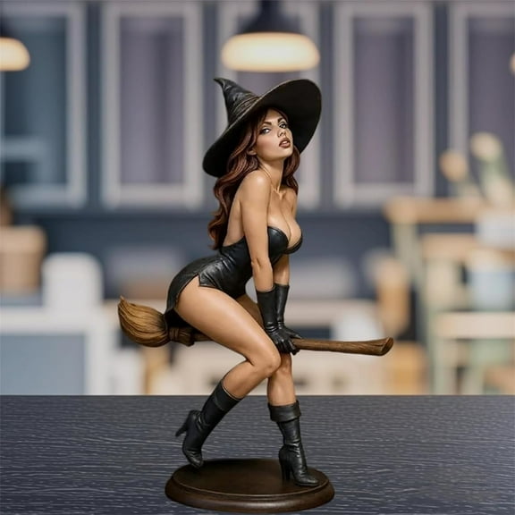 6" Beauty Witch Bookshelf Figurine,Hand-Painted Resin Gothic Dark Fairy Witch Riding on Magic Broom Mysterious Hooded Figurine Statue, for Gifts,Home Decoration,Collectibles