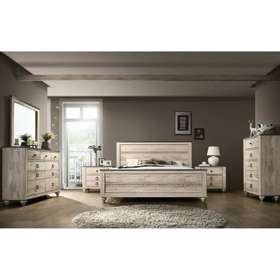 6 Bedroom For Queen Bed. Bed, Dresser, Mirror, 2 Nightstands, Chest Contemporary . Chest. White Wash, Solid Wood