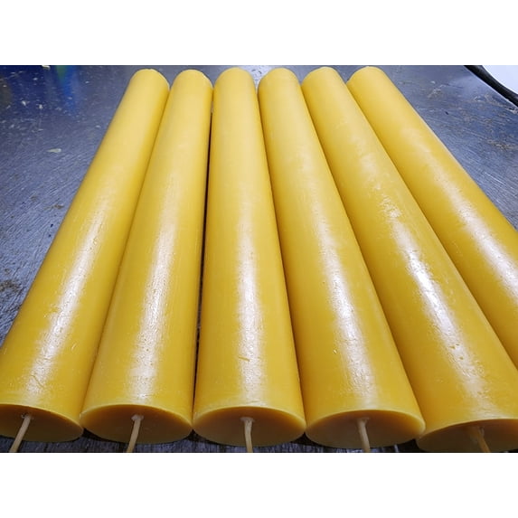 6 Beeswax pillar Altar candles 12" H x 1.5" diameter. Long burning 67 hours. Made in USA