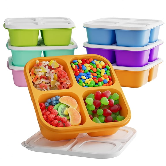 6 Bento Snack Containers  Reusable 4 Compartment Food Storage Container With Lids Divided Lunchable Freezer Microwave & Dishwasher Safe (6 Color)