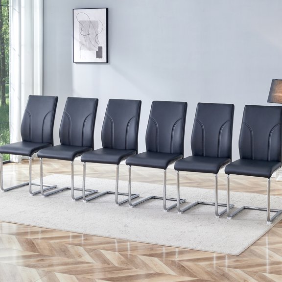 6 Black Dining Chair Collection - Pu Fabric High Back Chairs Leg Build For Dining, Kitchen, Living Rooms Easy To Clean, Contemporary Fashion Flair Gathering Structure Style