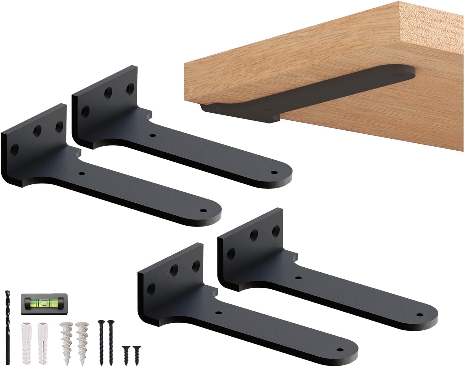 6" Black Floating Shelf Bracket by Balin Designs - Industrial Hidden Wall Bracket for Kitchen, Bathroom Bookshelves - Heavy Duty, Free Hanging Invisible Support for Shelves & Countertops (Pack of 4)