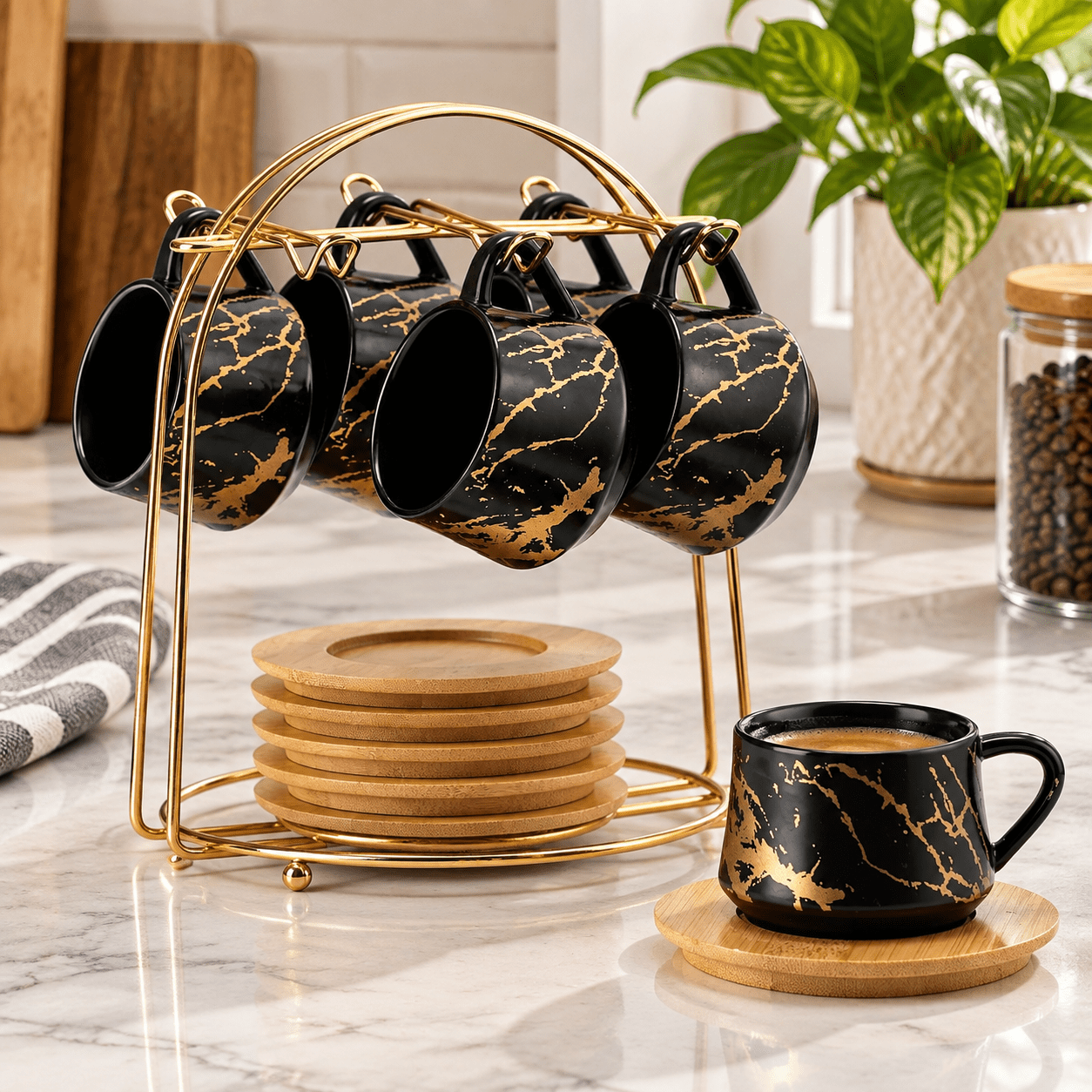 6-Black Small Ceramic Espresso Cup Set with Saucers and Metal Stand, 4 ...