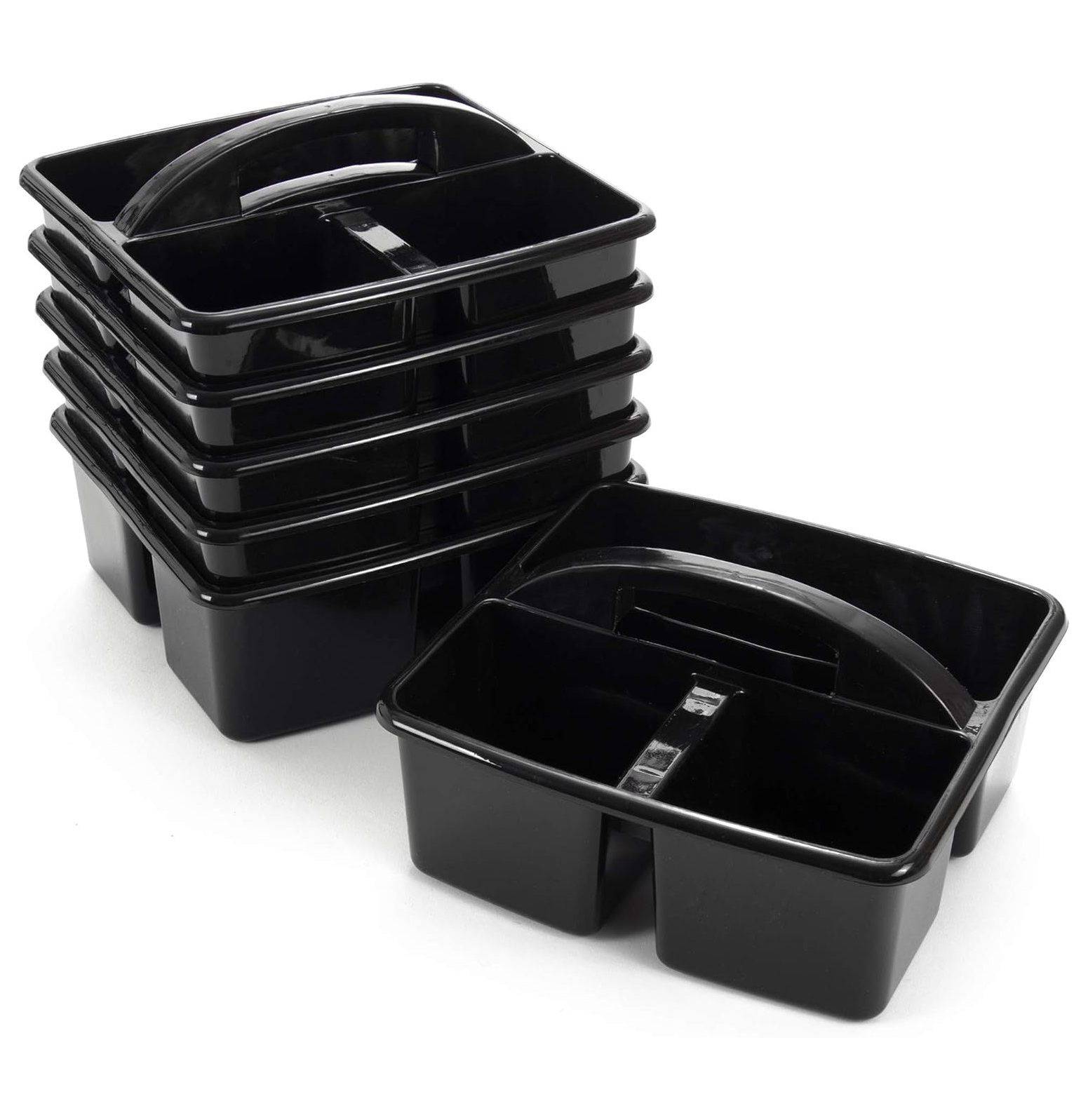 6 Black Storage Caddies Bulk Stackable Plastic Bins with 3
