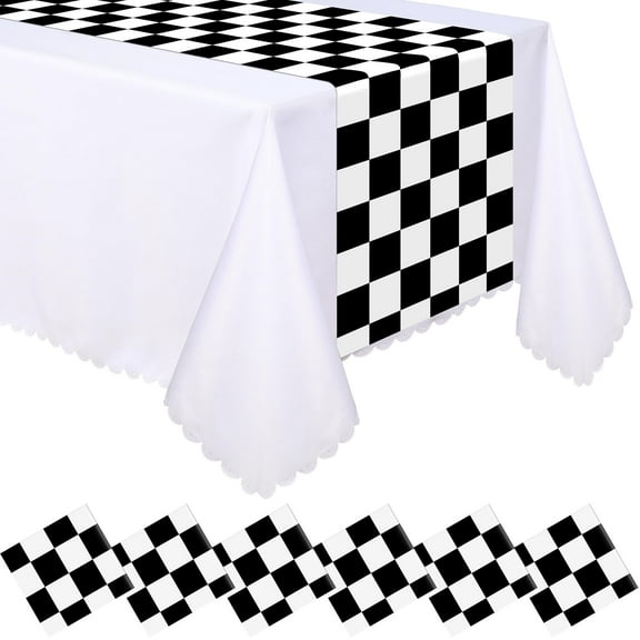 6 Black White Checkered Table Runners for Racing Party, 14x108 Inch Disposable Plastic Table Cover, Car Theme Decorations for Birthday Events