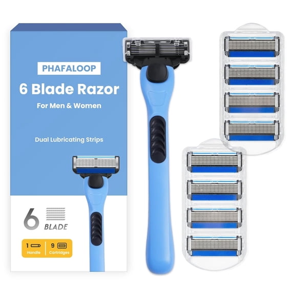 6-Blade Men's Razor with Dual Lubrication, Shaving Kit for Men, 10 Piece Set, 1 Handle & 9 Refill Cartridges, Smooth Comfortable Shave (Blue)