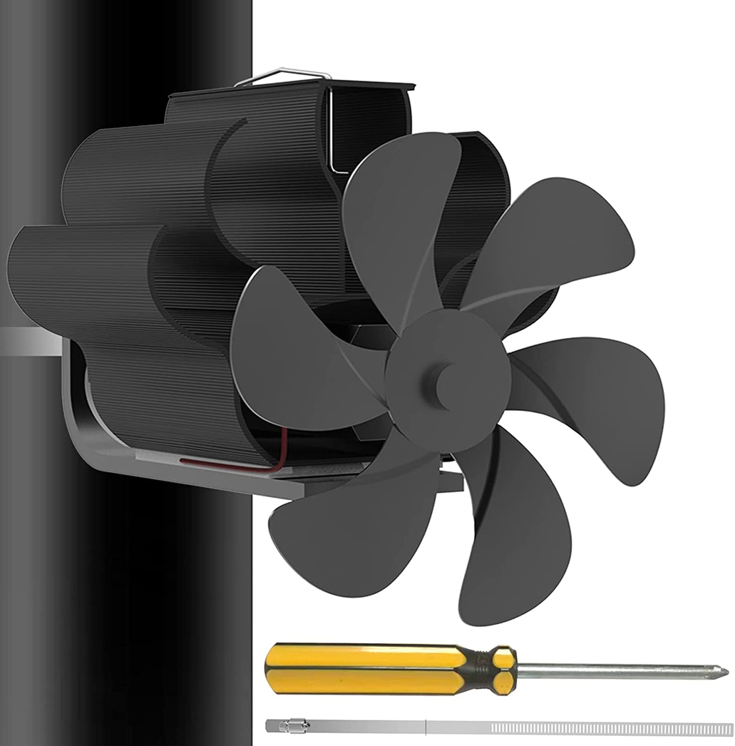 6Blades Wood Stove Fan with Hose Clamp, Pipe Heat Powered Stove Fans