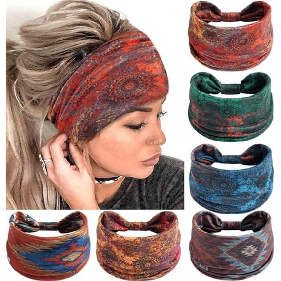 6 Boho Headbands for Women Wide Twist Knotted Bands Elastic Stretchy Hair Bands Non-Slip for Girls Knotted Wraps Festival Turbans Yoga Workout Hair Accessories