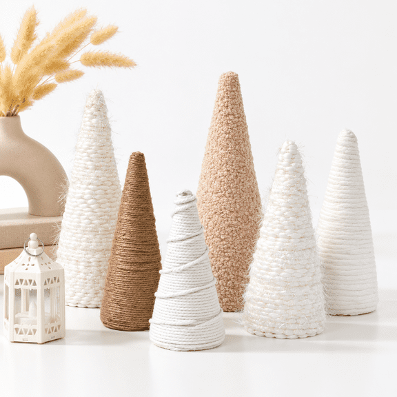 6 Boho Neutral Yarn Cone Trees Farmhouse Table Decor, Rustic Christmas Accents