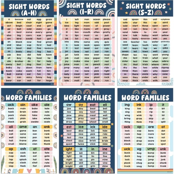 6 Boho Rainbow Sight Words Poster for Classroom,11x17in Matte-Laminated Educational Sight Word Poster Kindergarten, Elementary - Classroom, Bulletin Board, School Hallway, Home Study Room