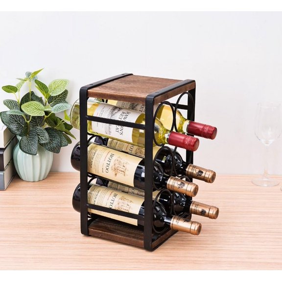 6 Bottle Rustic Wood Countertop Wine Rack, Pre-Assembled Freestanding Wine Holder Stand for Kitchen Counters, Bars and Home Decor