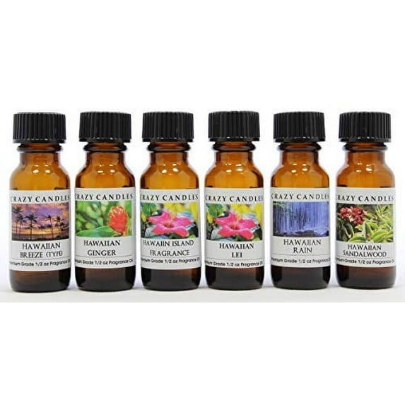 6 Bottle Set (Made in USA) Hawaiian Lei, Hawaiian Island Fragrance, Hawaiian Sandalwood, Hawaiian Ginger, Hawaiian Breeze (Type), Hawaiian Rain 1/2 Fl Oz Each (15ml) Premium Grade Scented Oi