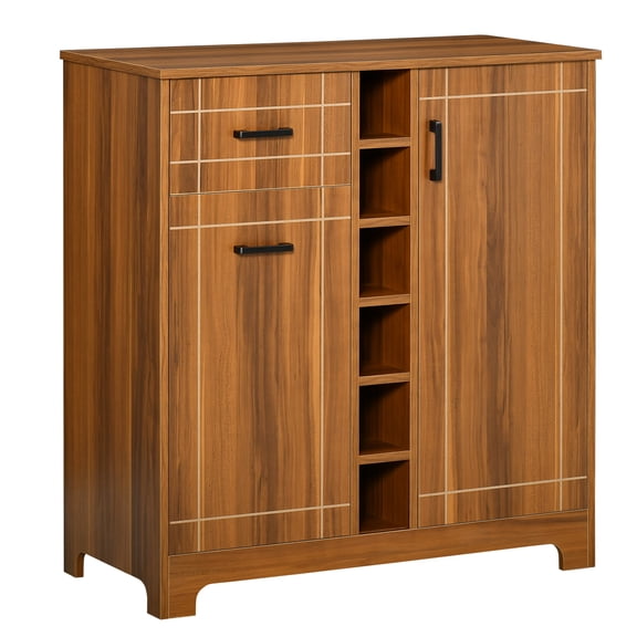 6 Bottle Wine Cabinet - Sideboard With Drawer & Glass Storage, Brown Retro Buffet Bottles, Drawer, Holder,