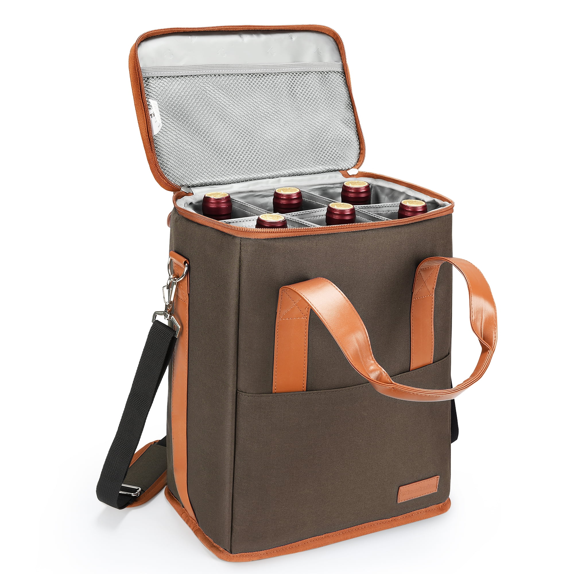 6 Bottle Wine Carrier Insulated Padded Carrying Cooler Tote Bag Handle Adjustable Shoulder Strap Travel Picnic IDEAL Lover Gift Brown 5d4018d6 a2d1 49a4 b02a 204187c4eb99.4678986e5eacd61164f936ba6e51017c