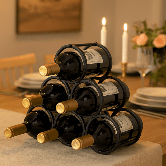 6-Bottle Wine Rack, Countertop Metal Wine Holder and Bottle Organizer, Small Tabletop Pyramid Wine Storage for Kitchen, Bar, or Dining Room