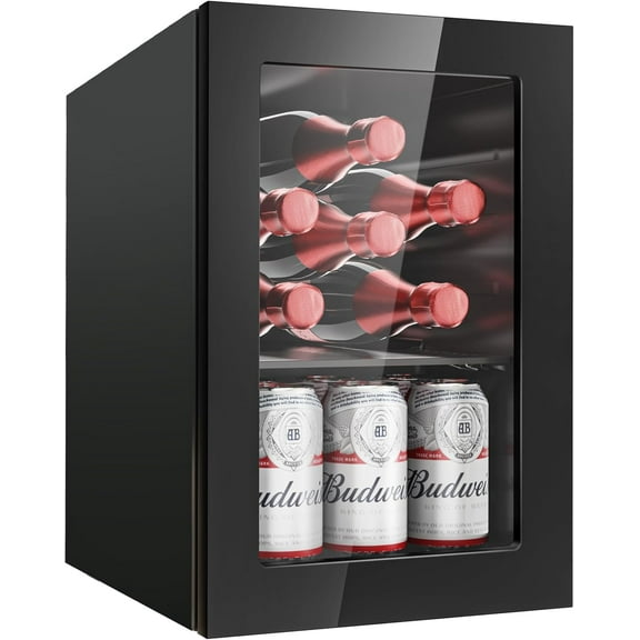 6 Bottles and 6 Cans Compact Beverage Refrigerator, Freestanding Mini Fridge with Temperature Control for Beer Wine, Under Counter Small Refrigerator Adjustable Shelve & Glass Door for Home and Bar